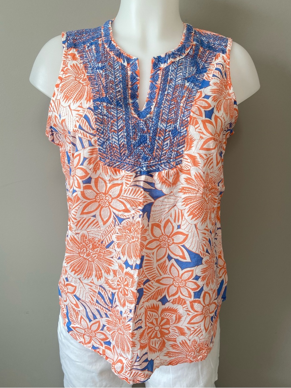 Talbots Orange & Blue Floral Embroidered Sleeveless Top